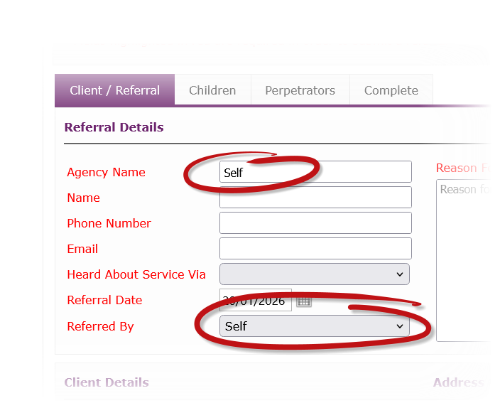 An example of the form with the referrer set as 'Self'